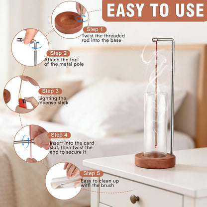 Incense Holder for Sticks, 2 in 1 Incense Sticks Burner with Glass Ash Catcher & Storage, Upside Down Incense Holder with Brush, Anti-Ash for Yoga Meditation Spa Outdoor Patio(Extends 8.7"-13.4")