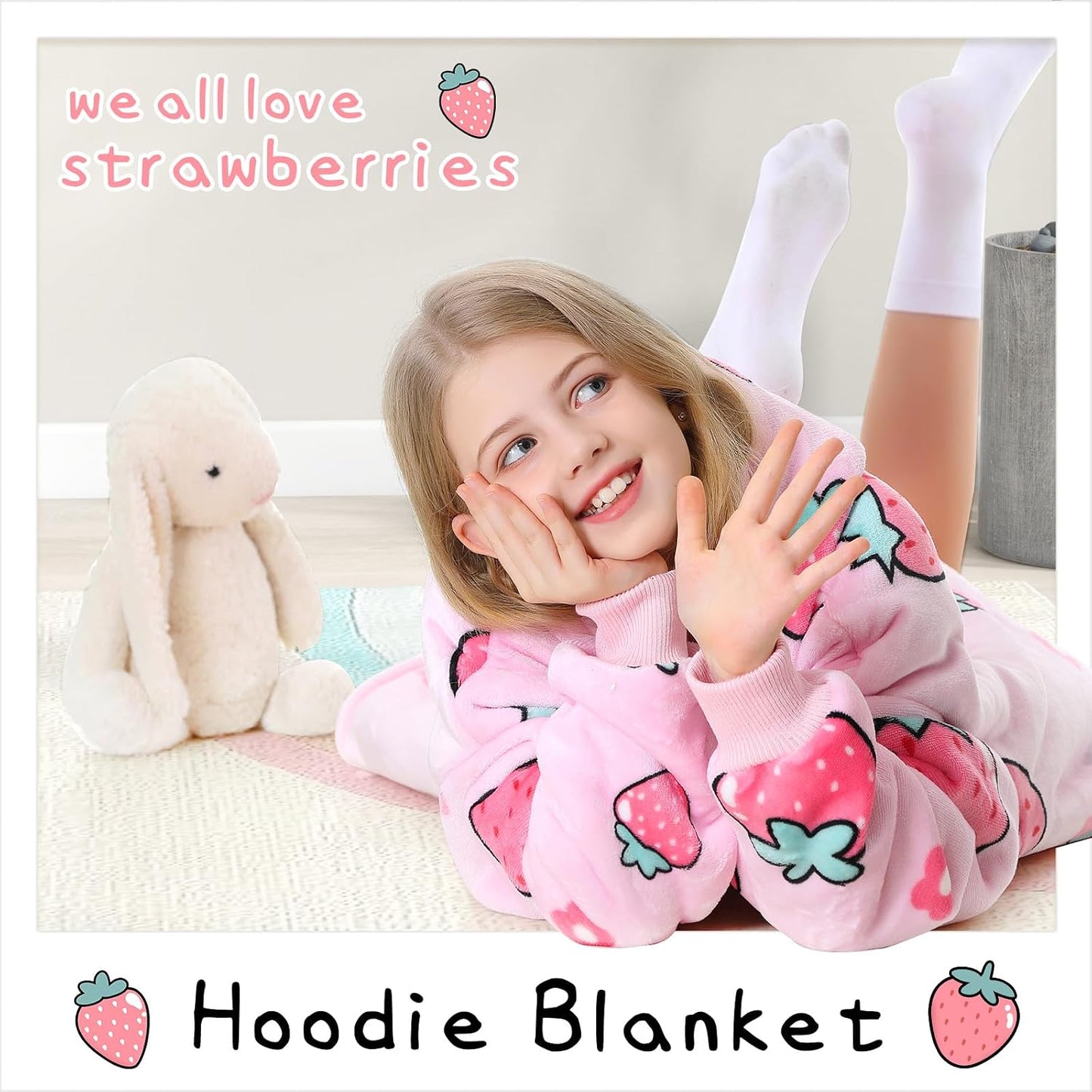 Aemicion Strawberry Blanket Hoodie,Oversized Sherpa Wearable Hooded Blanket,Warm Cozy Sweatshirt Gifts for Women Girls Adult