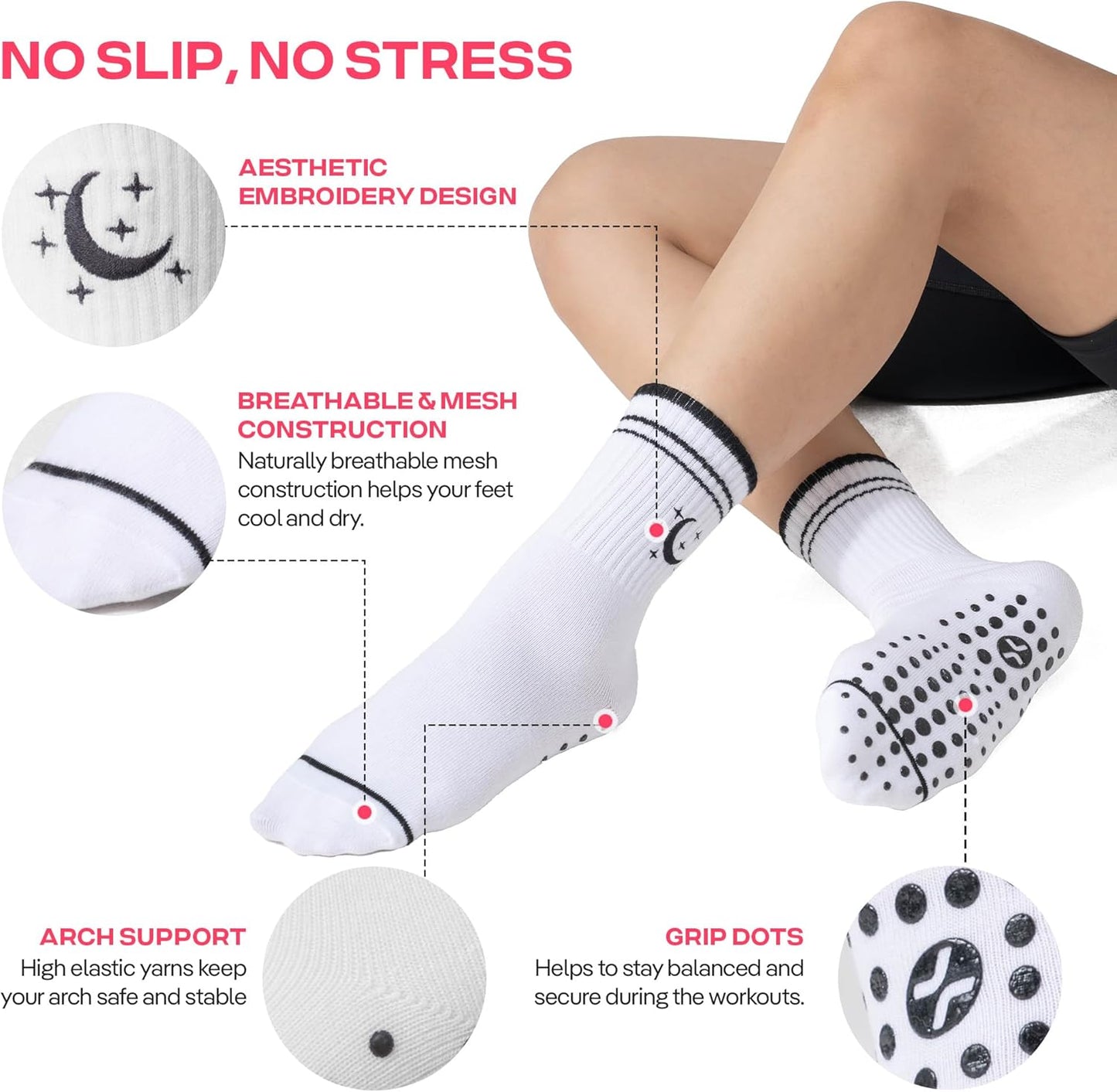 COOLMATE Pilates Socks with Grips for Women, Yoga Socks, Crew Non Slip Women for Barre, Pilates Gifts for Women - Colors B