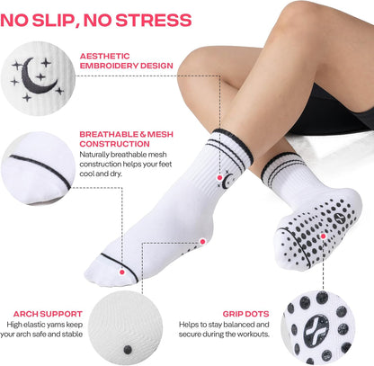COOLMATE Pilates Socks with Grips for Women, Yoga Socks, Crew Non Slip Women for Barre, Pilates Gifts for Women - Colors B