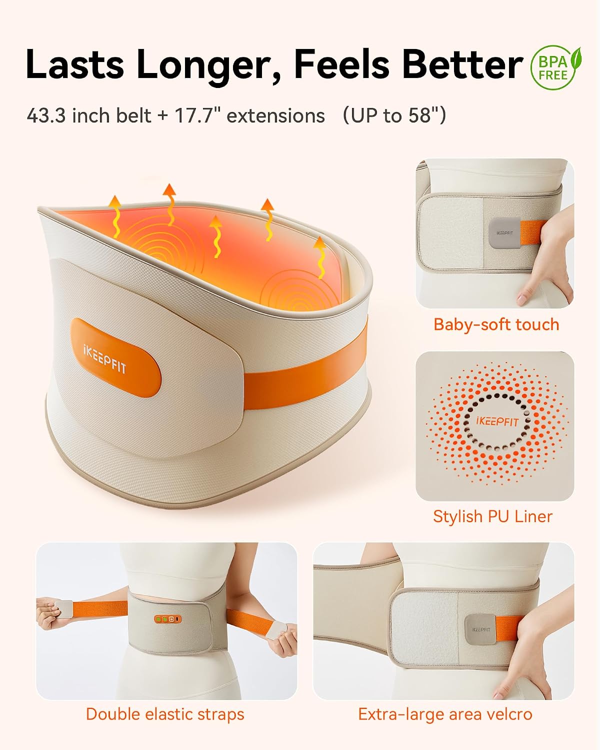 IKEEPFIT Portable Heating Pad for Back, FSA Eligible HSA, Cordless Heat Belt with Massager for Lower Back Pain Relief, Battery Powered 8000 mAh Rechargeable, MAXwarm 3.0, Gift for Women Men 90-310 lb