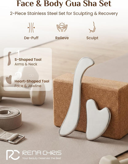 Rena Chris Gua Sha & Muscle Scraper Tool, Stainless Steel Face & Body Gua Sha Set for Lymphatic Drainage & Deep Tissue Massage, Travel Pouch & Guide Included (2-Piece Kit)