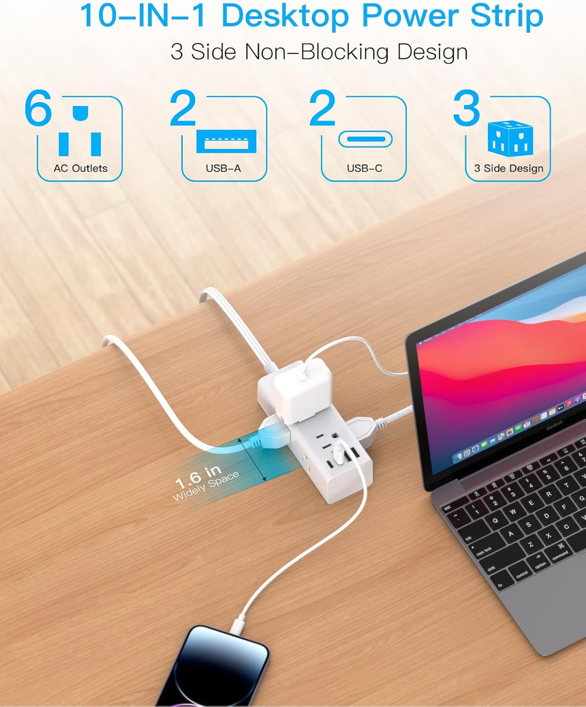 One Beat 10Ft Extension Cord with Multiple Outlets,Flat Plug Power Strip