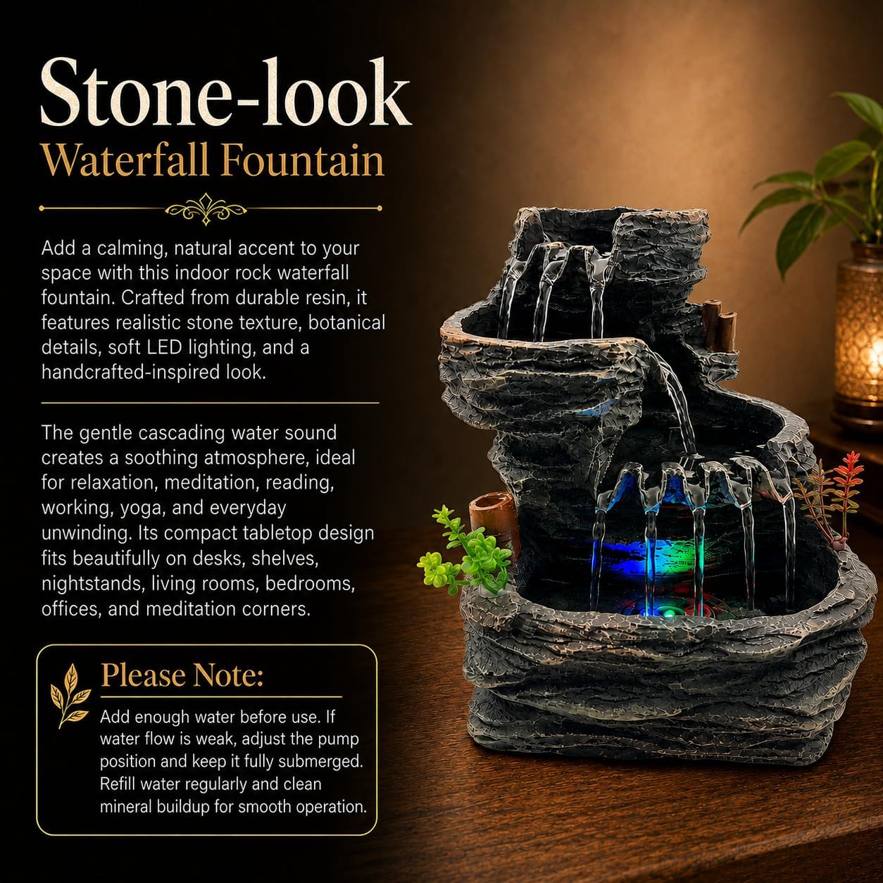 Indoor Tabletop Water Fountain with LED Light, Resin Rock-Look Waterfall Decor, Feng Shui Inspired Zen Fountain for Desk, Office, Bedroom, Living Room & Meditation Space (9" Cascading Rock)