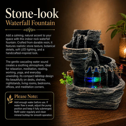 Indoor Tabletop Water Fountain with LED Light, Resin Rock-Look Waterfall Decor, Feng Shui Inspired Zen Fountain for Desk, Office, Bedroom, Living Room & Meditation Space (9" Cascading Rock)