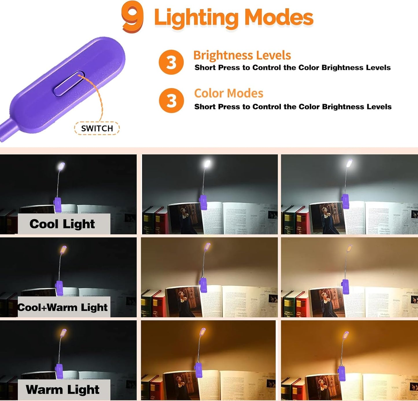 VAVOFO Clip On Book Light for Bed Kids, 7 LED Reading Light with 9-Level Warm Cool White Daylight, Eye Care Lamp with Power Indicator for Bookworms (Blue)