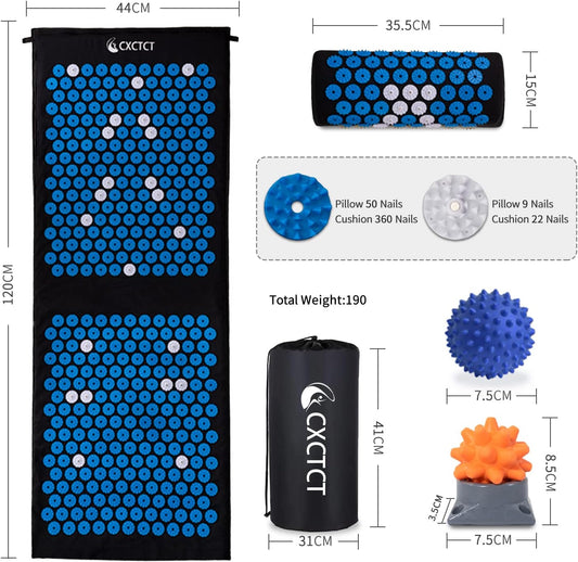 Extra Long Yoga Acupressure Mat Set,Massage Acupuncture Mat Large,Magnetic Mat Acupressure Body mat and Pillow for Neck Back Pain Relief(Grey)