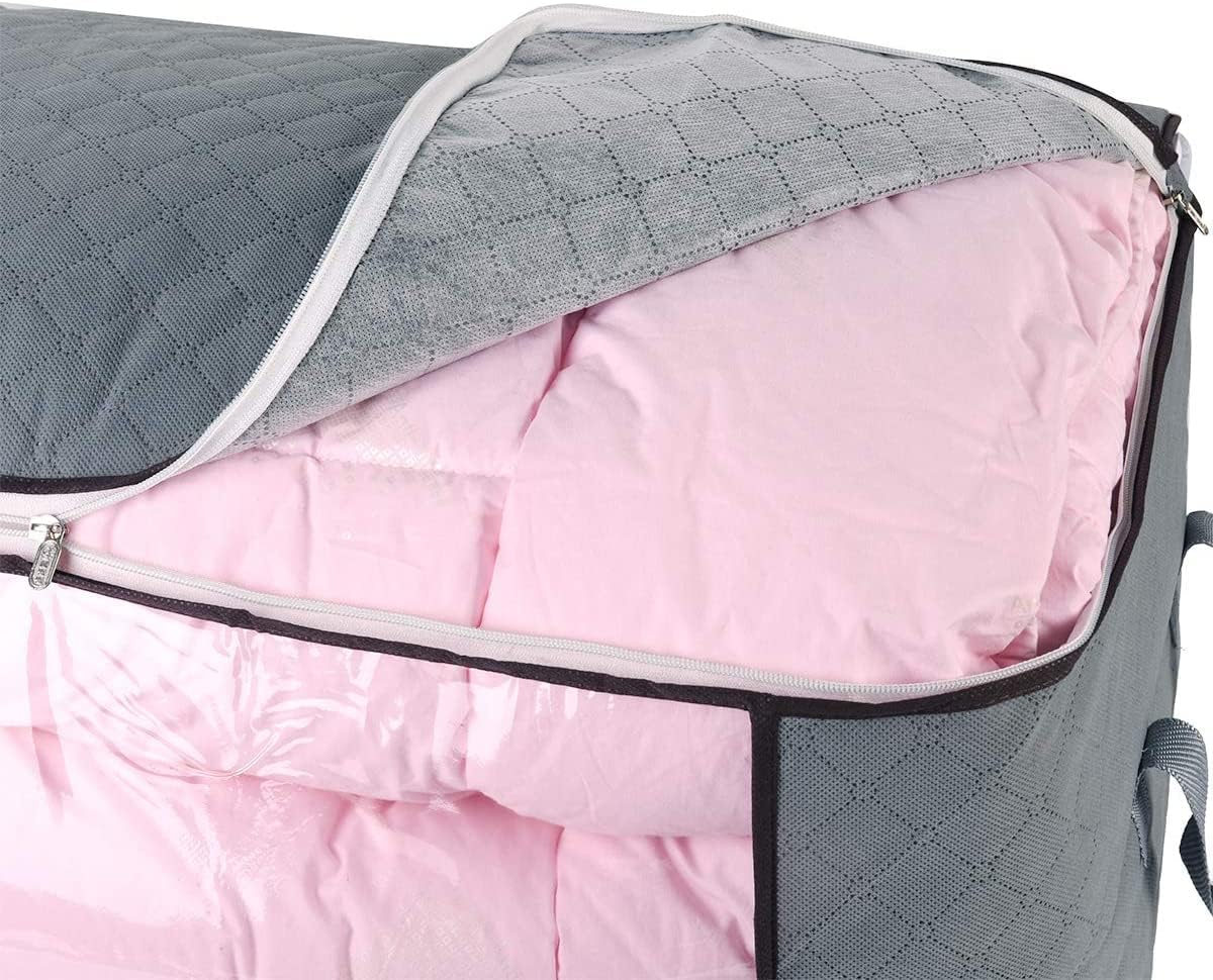 combocube Comforter Storage Bag, Zippered Bag with Large Clear Window and Carry Handles, Space Saver Organizers for Closet, Blanket, Pillow, Quilt, Bedding, Clothes (Grey Large)