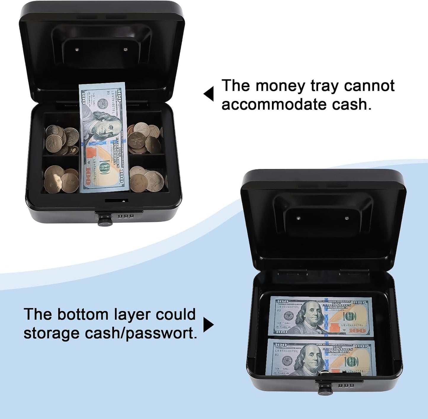 KYODOLED Small Cash Box with Combination Lock & Removable Money Tray, Black