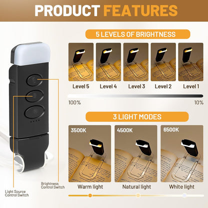 Book Reading Light Rechargeable Clip on Book Lamp with 3 Color Temperatures