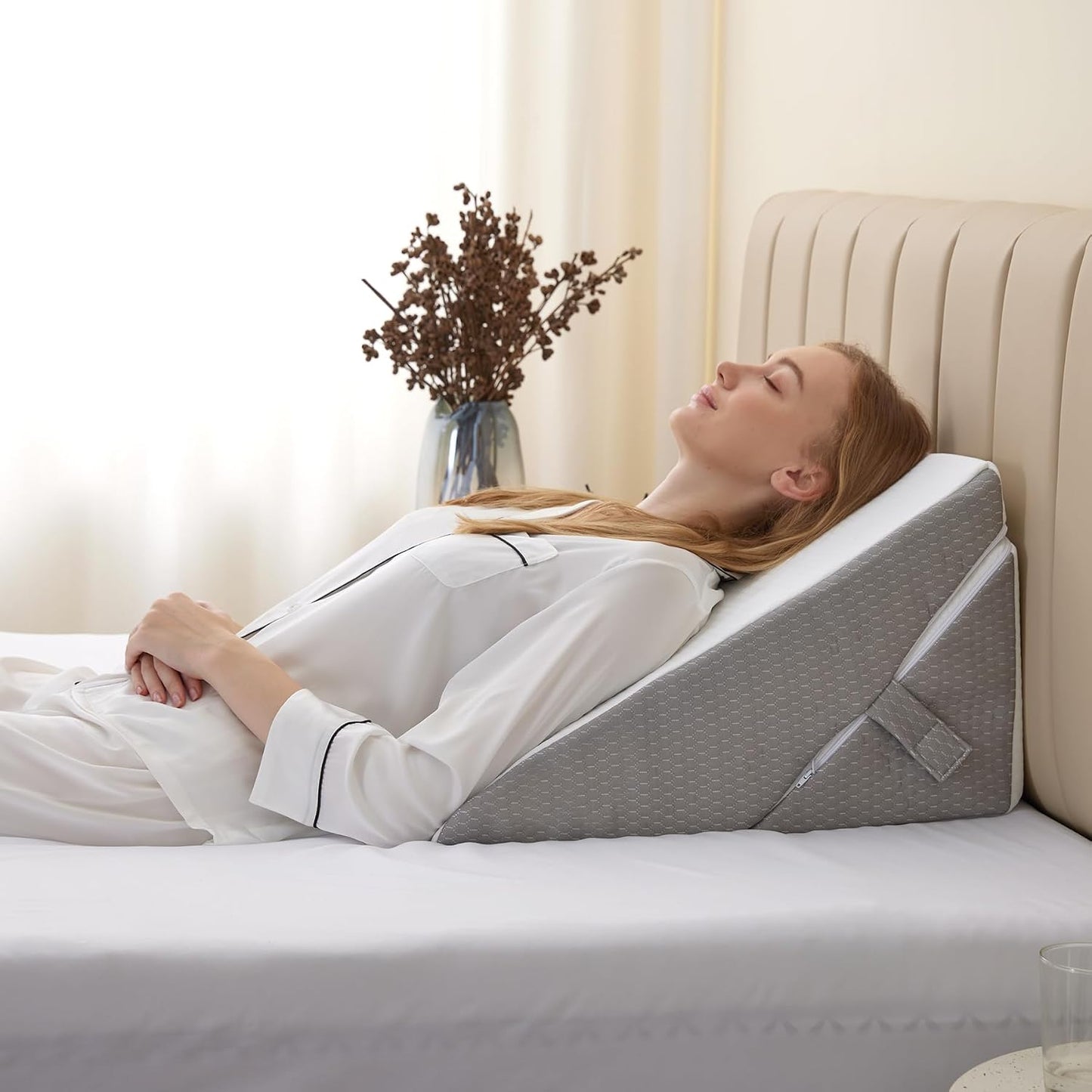 Bedluxe Wedge Pillow Headboard, 3PCS Orthopedic Bed Wedge Pillows Set for After Surgery, Adjustable Pillow Wedge for Acid Reflux&Back Pain Relief, Sleeping, Back Pillow for Bed Sitting Up, White/Grey