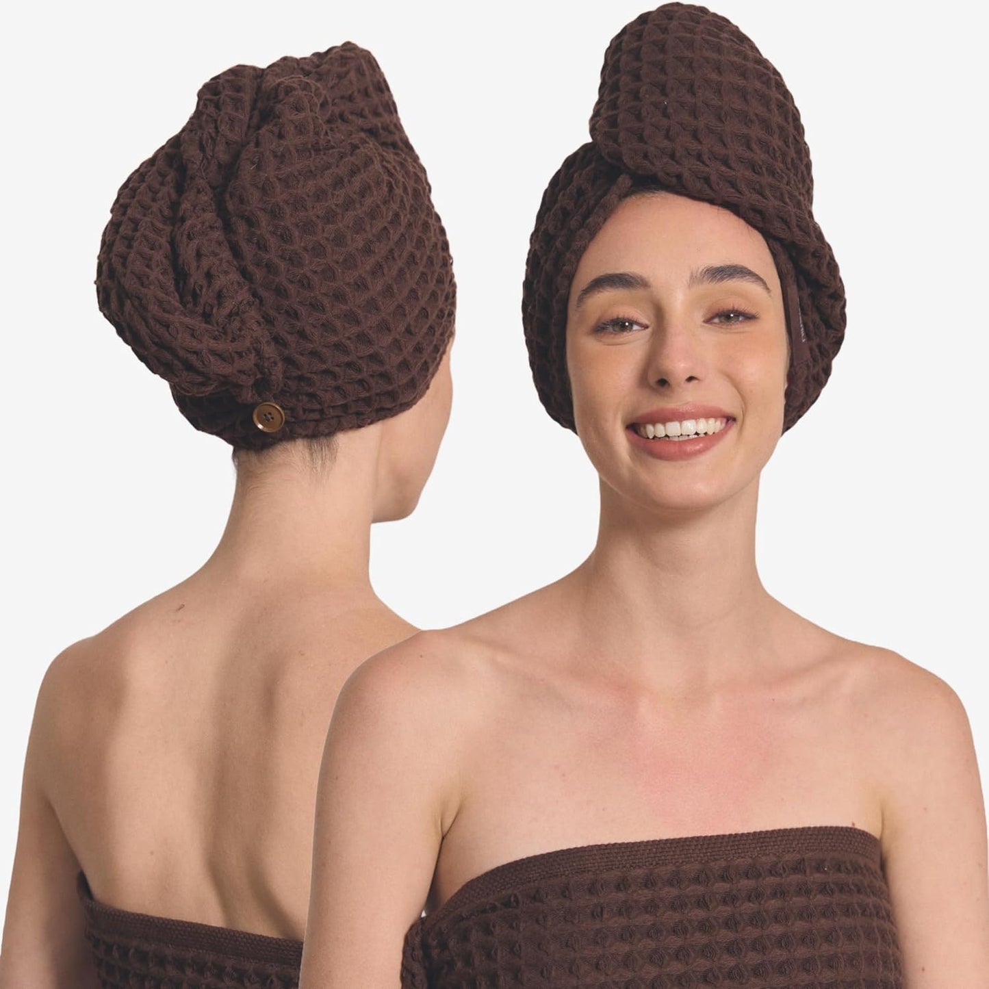 Luxury Organic Japanese Cotton Hair Drying Waffle Towel Wrap for Women | Absorbent, Quick-Dry Head Turban for Shower, Sauna, Spa | Extra Large for Long, Curly, Straight Hair With Button (White, 1 Pc)