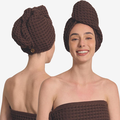 Luxury Organic Japanese Cotton Hair Drying Waffle Towel Wrap for Women | Absorbent, Quick-Dry Head Turban for Shower, Sauna, Spa | Extra Large for Long, Curly, Straight Hair With Button (White, 1 Pc)