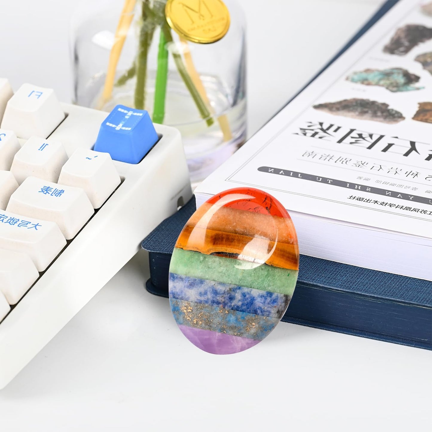 Gemstone Worry Stone, Chakras Worry Stone for Anxiety, Hand Carved Natural Pocket Palm Stones Water Drop Shape 7 Chakra Crystals and Healing Stones for Yoga Meditation 1.7"