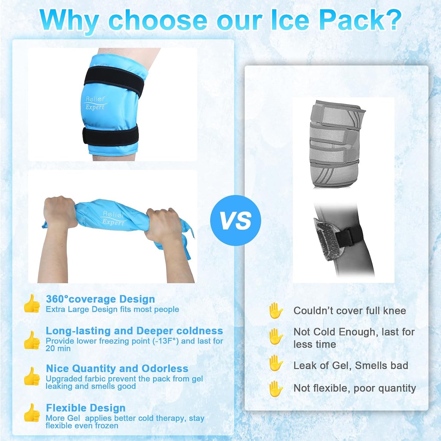 Relief Expert Knee Ice Pack Wrap Around Entire Knee, Large Ice Pack for Leg Soothing Discomfort, Reusable Ice Wraps with Cold Compress for Musclar Relaxation, Post-Workout Recovery,L