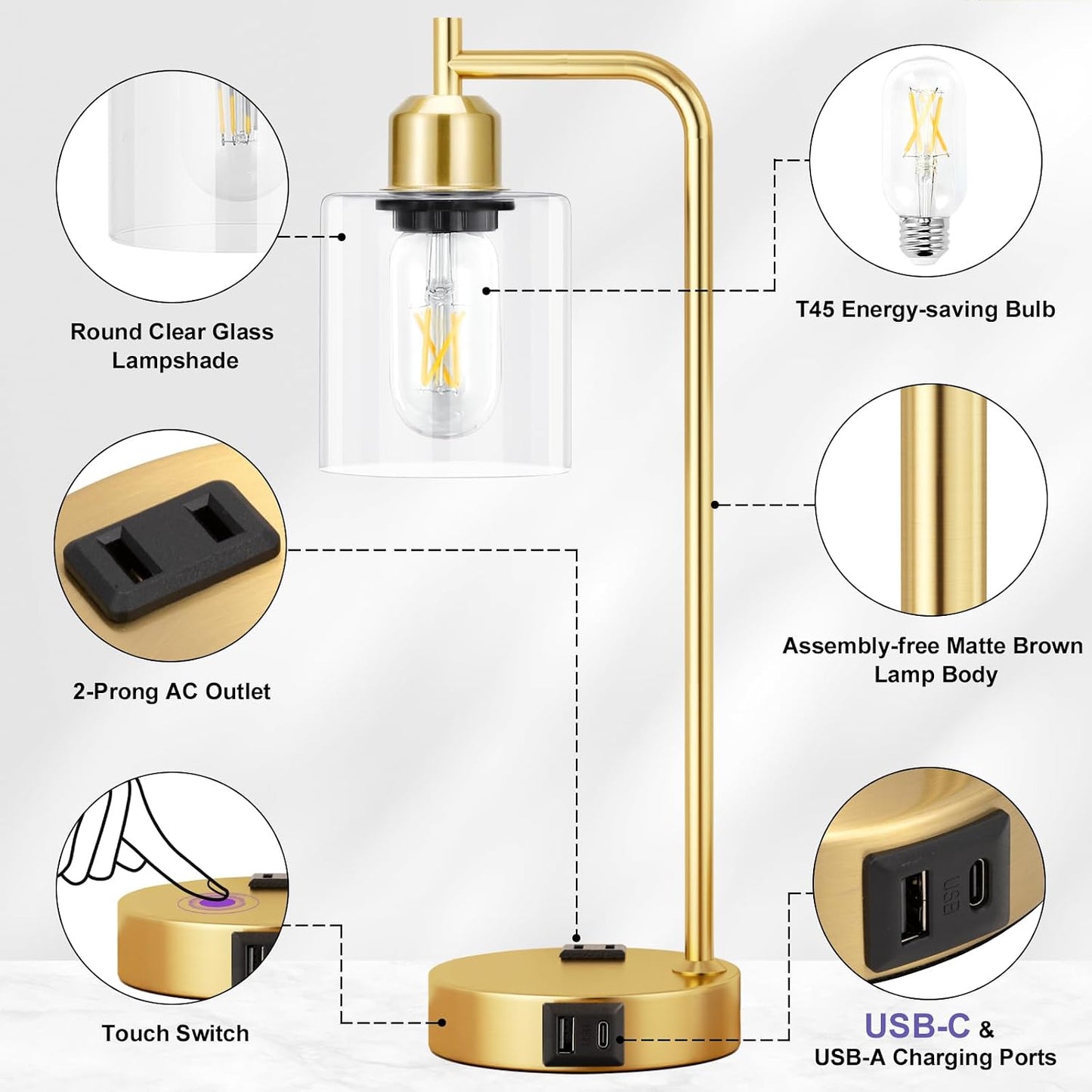 Industrial Touch Lamps for Nightstand Set of 2, 3-Way Dimmable Bedside Lamp