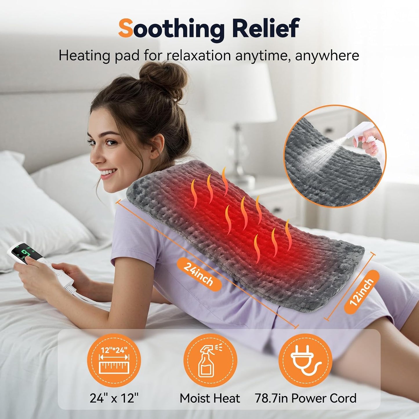 Heating Pad for Back Pain, Electric Heat Pad with 9 Heat Levels & 4 Auto-Off Timers, Portable Heating Pad for Period Cramps, Shoulder, Neck, Machine Washable, Gifts for Women and Men, Grey, 24''×12''