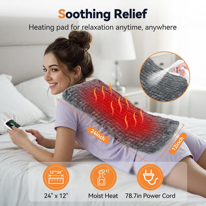 Heating Pad for Back Pain, Electric Heat Pad with 9 Heat Levels & 4 Auto-Off Timers, Portable Heating Pad for Period Cramps, Shoulder, Neck, Machine Washable, Gifts for Women and Men, Grey, 24''×12''