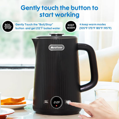 Arofeer® Electric Kettle Temperature Control, 1.7L Stainless Steel Electric Tea Kettle with LED Display, 5 Presets, 4-Hour Keep Warm, Fast Boil Hot Water Kettle for Tea, Coffee & Oatmeal, Black