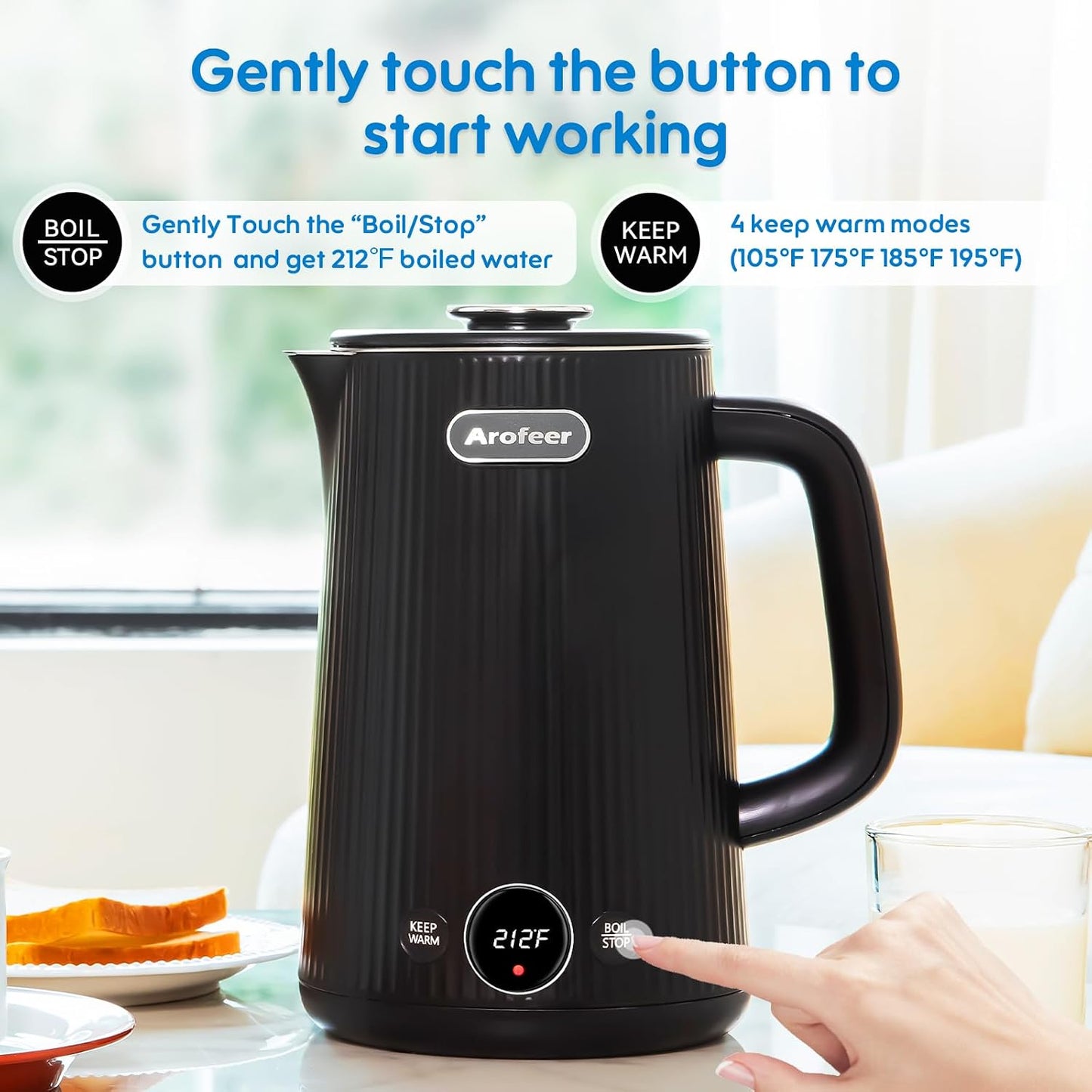 Arofeer® Electric Kettle Temperature Control, 1.7L Stainless Steel Electric Tea Kettle with LED Display, 5 Presets, 4-Hour Keep Warm, Fast Boil Hot Water Kettle for Tea, Coffee & Oatmeal, Black