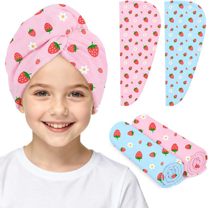 Microfiber Hair Towel Wrap for Kids 2 Pack Quick Drying Hair Towels with Button Hair Turbans for Wet Hair Absorbent Quick Dry Wraps Head Towel Wrap for Women and Girls, Pink Purple Bow