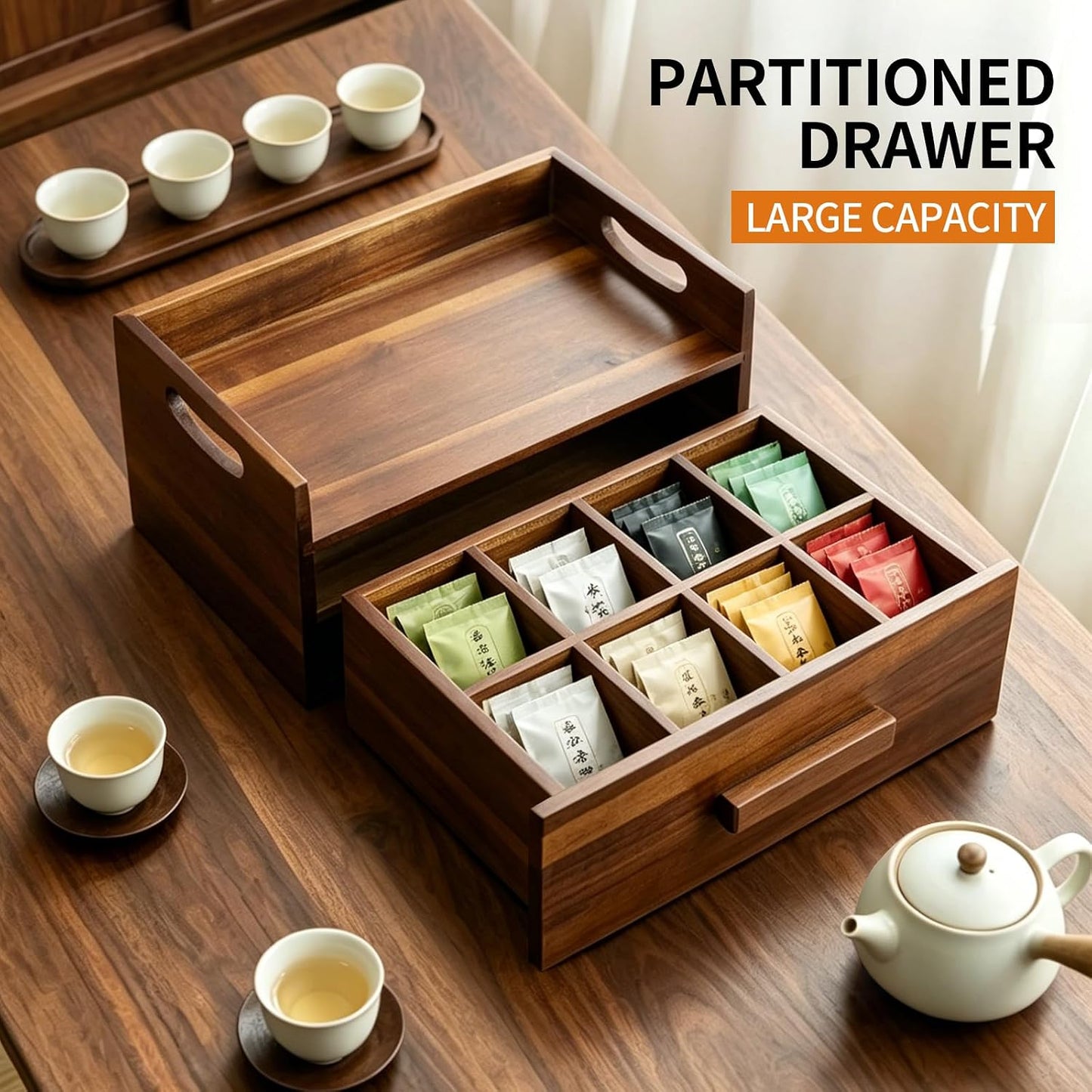 Acacia Wood Tea Bag Organizer Drawer with 12 Compartments, Premium Wooden Tea Box Storage Caddy & Multi Functional Countertop Tea Station