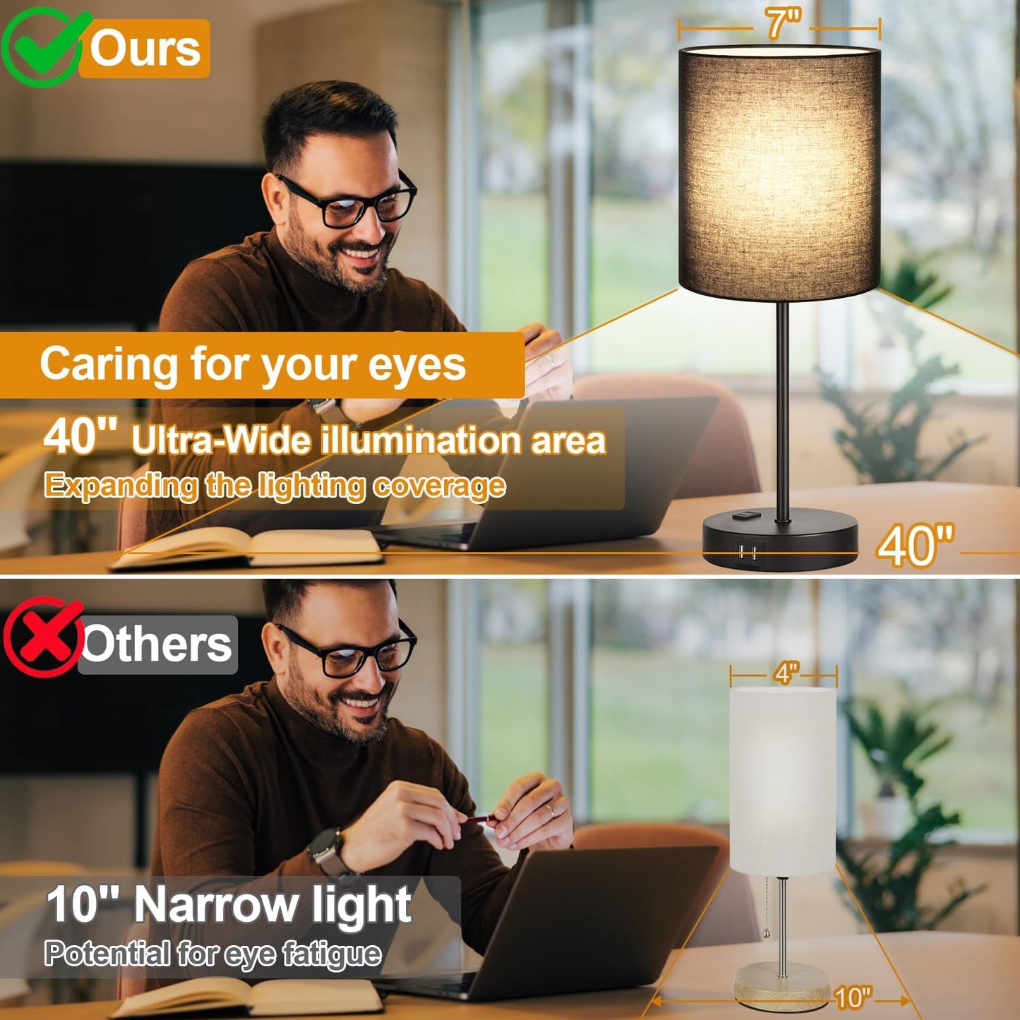 Set of 2 Touch Control Table Lamps with 2 USB & AC Outlet, 3-Way Dimmable Bedside Nightstand Lamps for Bedroom Living Room Nursery, 800 Lumens 5000K Daylight Bulbs Included