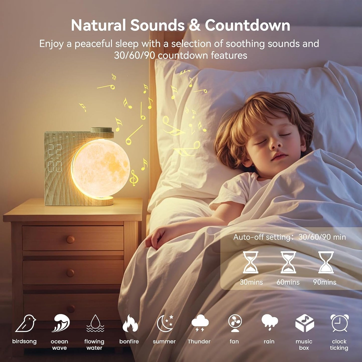Sunrise Alarm Clocks for Heavy Sleepers,Night Lamp Clocks for Bedrooms with Moon Light,10 Light Effects,30/60/90 Timer,10 Sleep Nature Sounds,15 Ringtones,12 Volume Control with Snooze Function