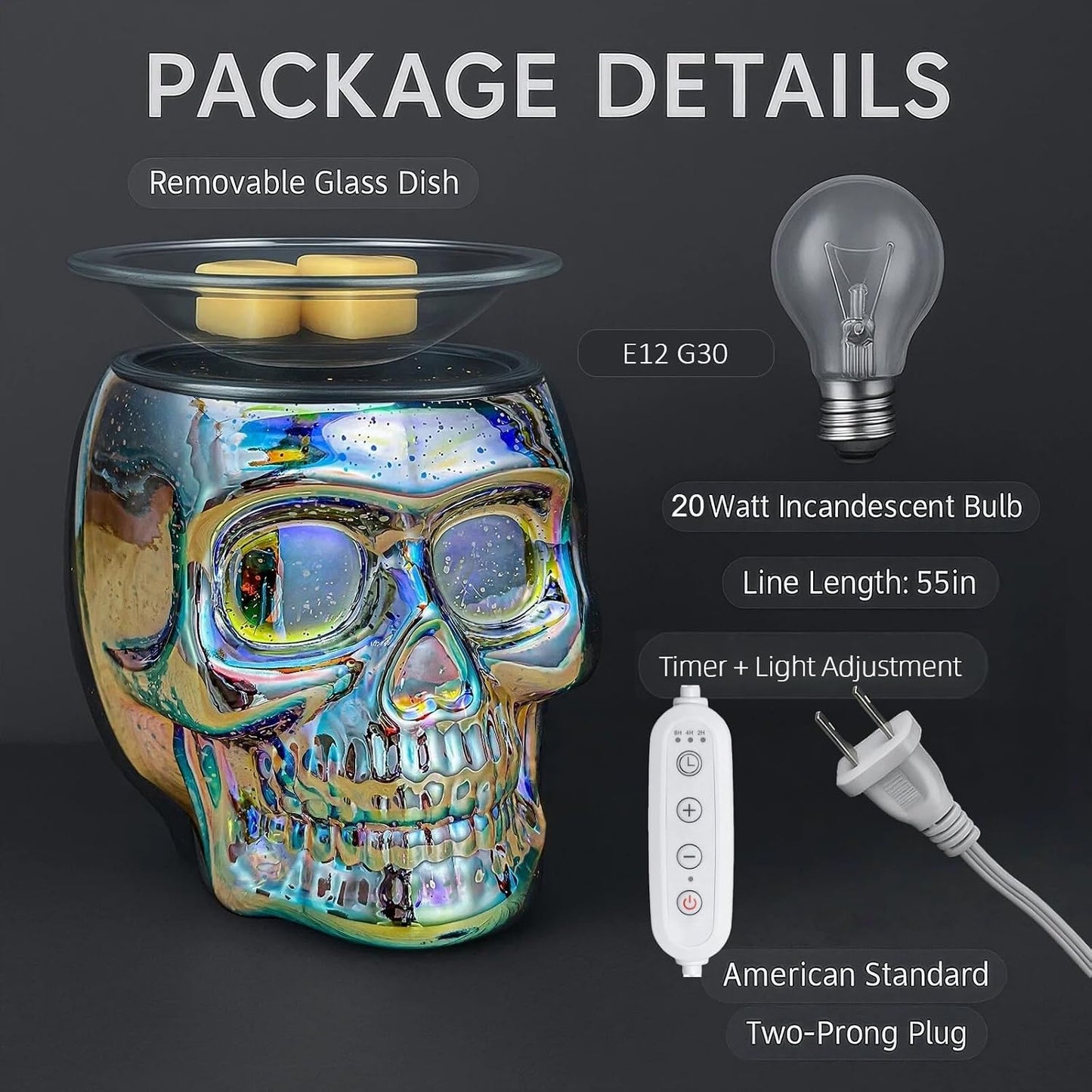 Wax Melt Warmer, Wax Warmer for Scented Wax with Light Bulb, Electric Skull Wax Burner, Halloween Fragrance Wax Melter for Home and Gifts (Rainbow Skull)
