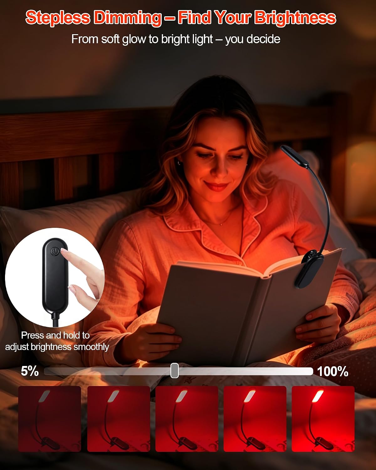670nm Red Book Light for Reading at Night [1 Pack] - Zero Blue Light, Dimmable Reading Lights for Books in Bed, LED Book Lamp Clip on, Gift for Students Parents Nurse Studying Travel
