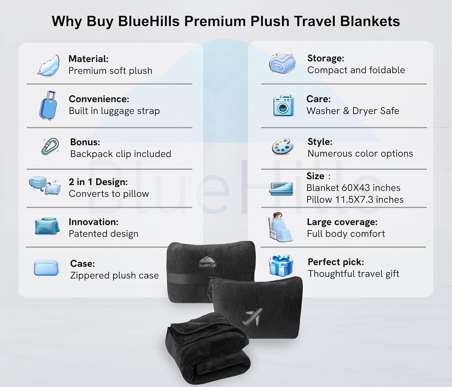 BlueHills Premium Soft Plush Mini Travel Blanket Pillow Plane 2 in 1 Gray