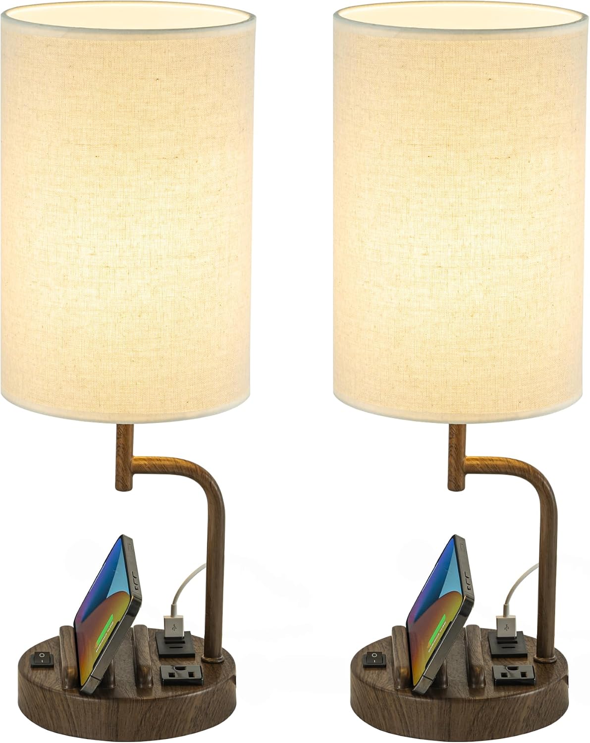 Dreamholder Table Lamp with 3 USB Charging Ports, Modern Desk Lamp with AC Outlet and Phone Stands, Perfect Bedside Lamp for Bedroom, Living Room, Office (Pack of 2), Cream