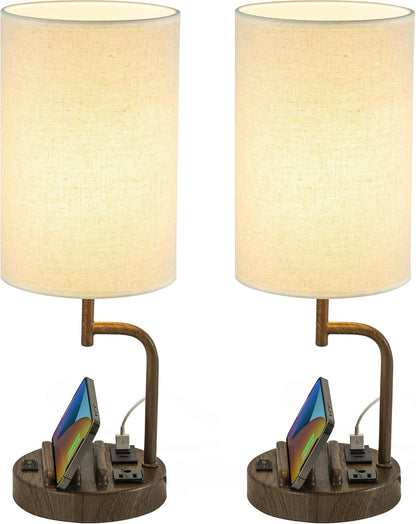 Dreamholder Table Lamp with 3 USB Charging Ports, Modern Desk Lamp with AC Outlet and Phone Stands, Perfect Bedside Lamp for Bedroom, Living Room, Office (Pack of 2), Cream