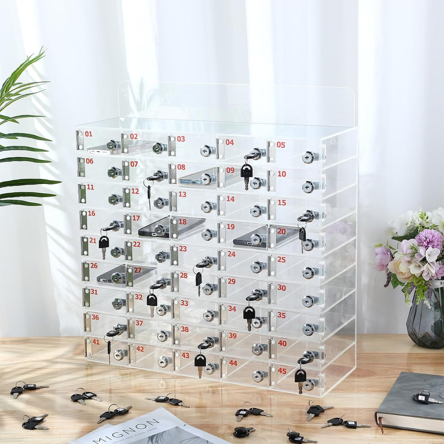 Threan 12 Slot Cell Phone Storage Box, Acrylic Clear Cell Phone Storage Cabinet Wall Mounted with Door, Locks and Keys for Office School Factory