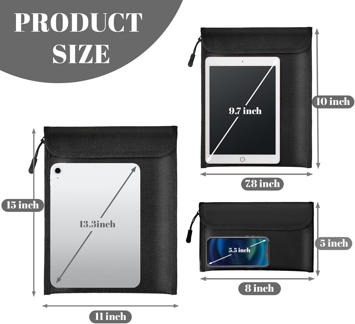 Lihengkong Fireproof Waterproof Document Bag 3-Pack Black 2000℉ Money Bag for Cash Passports ID Cards Social Security Card Protector Waterproof Zipper Pouch Fire Proof Bank Bag Document Holder