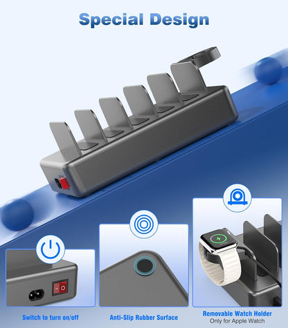 Charging Station for Multiple Devices, 50W 6 Ports Charging Dock with Stand