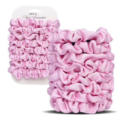 Satin Scrunchies for Women – 8PCS Blush & Brown Silk Hair Ties Set – No Crease, Frizz-Free, Gentle Elastic Hair Bands, Soft & Stylish Everyday Hair Accessories Gifts