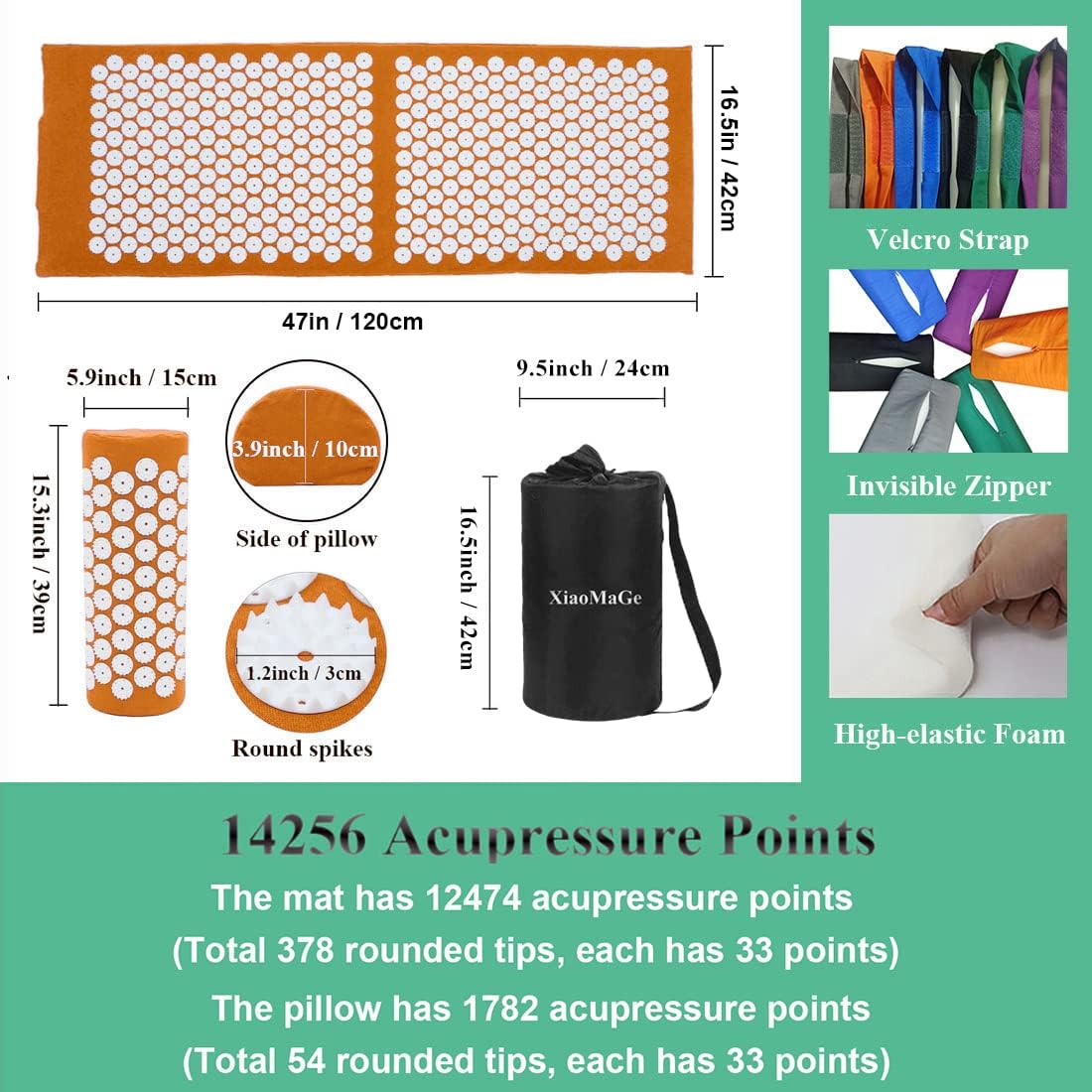 XiaoMaGe Acupressure Mat and Pillow Set with Bag - Extra Long Acupuncture Mat for Neck & Back Pain Relief- Naturally Relaxation Gift for Women - Stress Relief Massage Mat (Black)