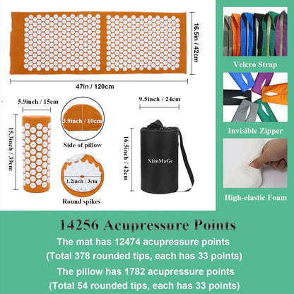 XiaoMaGe Acupressure Mat and Pillow Set with Bag - Extra Long Acupuncture Mat for Neck & Back Pain Relief- Naturally Relaxation Gift for Women - Stress Relief Massage Mat (Black)