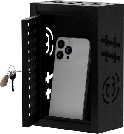 OSKIE Lockable Phone Downtime Box with Key, Metal Smartphone Storage Locker, Secure Phone Holder with Ventilation, Wall Mount or Desktop Organizer for Home, Office, Classroom (Gray White)