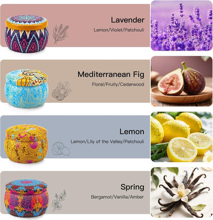 Scented Candles Gift Set for Women, 4 Pack Soy Wax Candles in Classic Bohemian Tins, Aromatherapy Candle Set, Birthday Gifts for Mom, Thank You Gifts