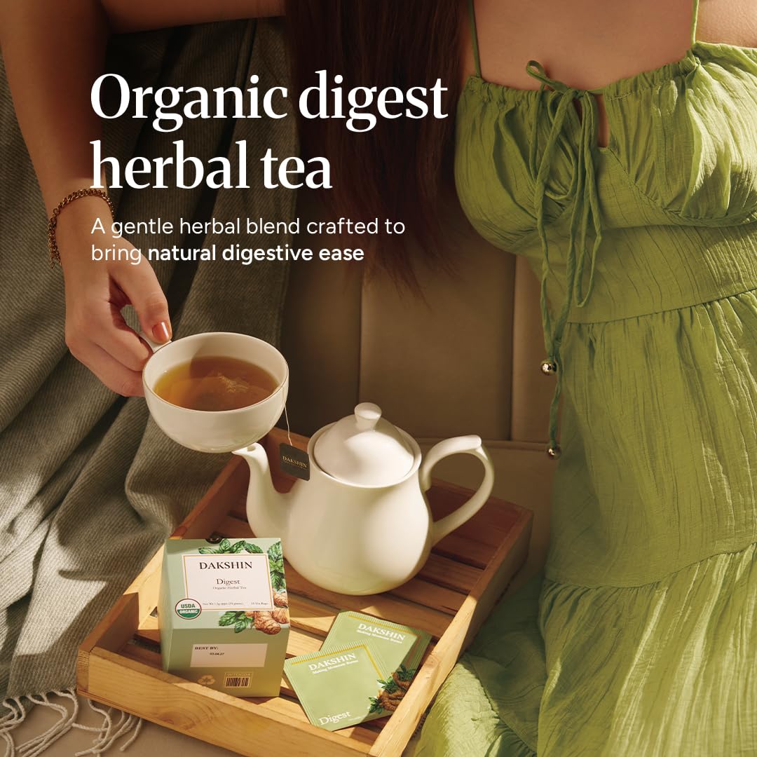 DAKSHIN Organic Digestive Tea Bags | Ginger, Peppermint, Fennel, Dandelion Root & Licorice | Naturally Soothing After-Meal Tea | Caffeine-Free | USDA Organic | 16 Tea Bags