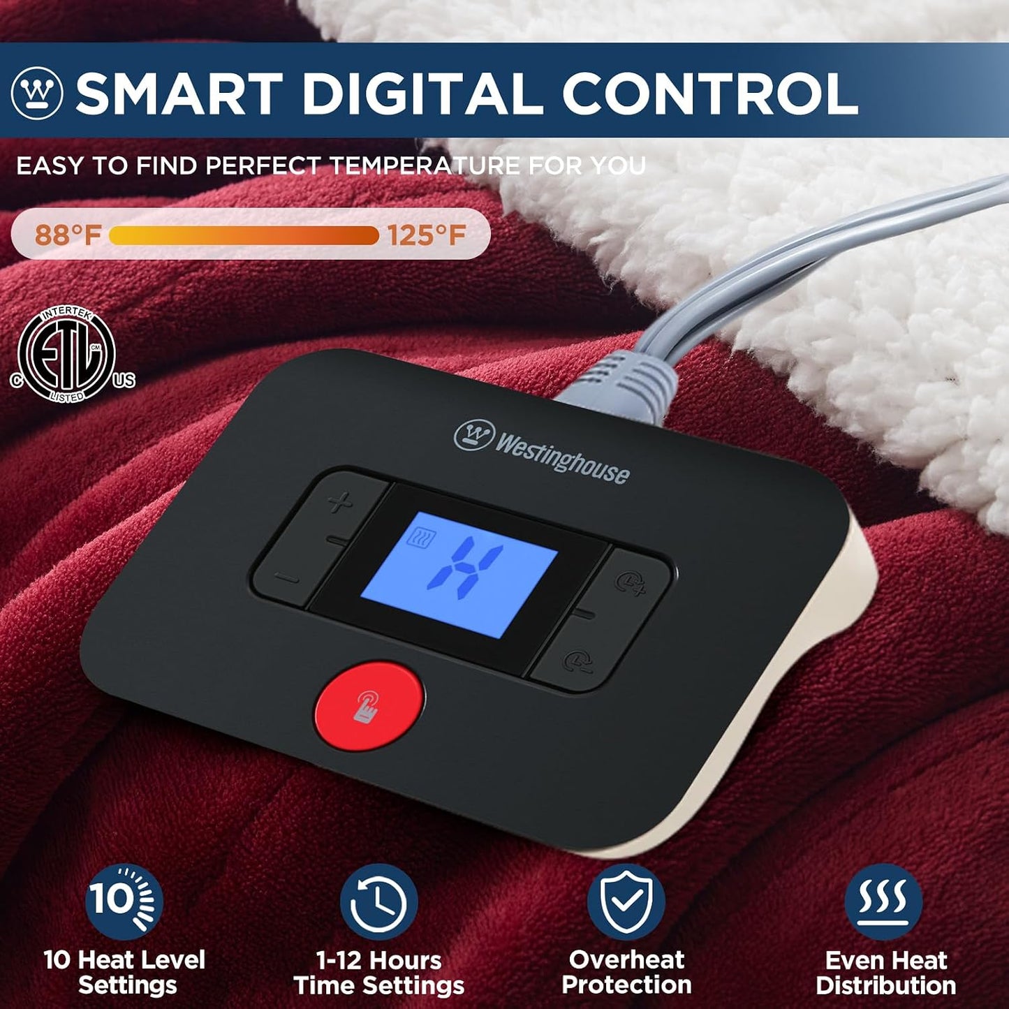 Westinghouse Heated Throw Blanket, Electric Blanket Throw with 6 Heating Levels and 2-10 Hours Time Settings, Flannel to Sherpa Super Cozy Heated Blanket Machine Washable, 50x60 inch, Charcoal