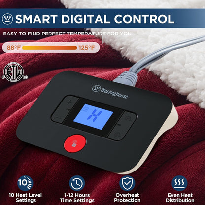 Westinghouse Heated Throw Blanket, Electric Blanket Throw with 6 Heating Levels and 2-10 Hours Time Settings, Flannel to Sherpa Super Cozy Heated Blanket Machine Washable, 50x60 inch, Charcoal