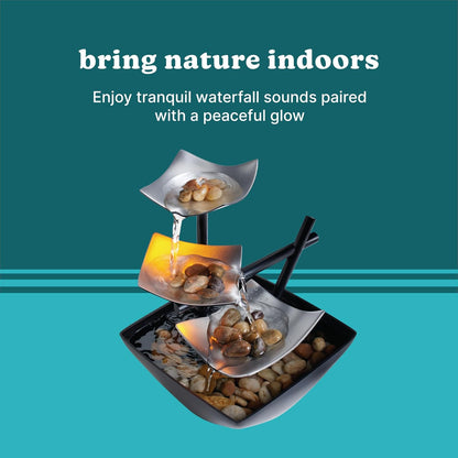 Homedics Tabletop Water Fountain, 3 Tier Indoor Waterfall Fountain with Natural River Rocks, Quiet Pump for Relaxation, Zen Home & Office Desk Décor, AA Battery Powered