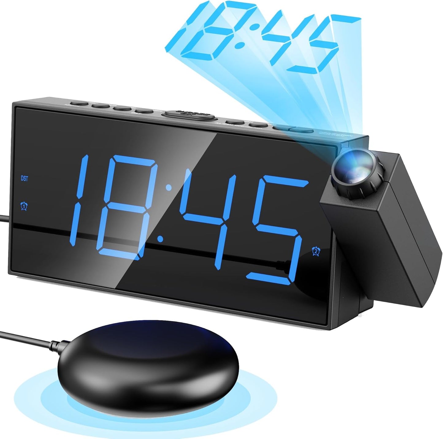 Digital Projection Alarm Clocks for Bedrooms - Large LED Display, 180° Rotatable Projector, 5-Level Dimmer,USB Charger,Battery Backup,Loud Dual Alarms for Kids Elderly,Heavy Sleepers,Snooze,12/24H,DST