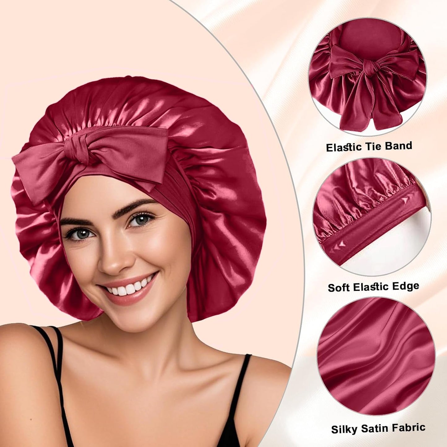 2Pcs Silk Hair Satin Bonnet for Sleeping Women,Large Satin Sleep Bonnets for Women with Elastic Tie Band Silk Hair Wrap with Ajustable Straps,Night Sleep Cap for Curly Braids,Black+Rose Gold
