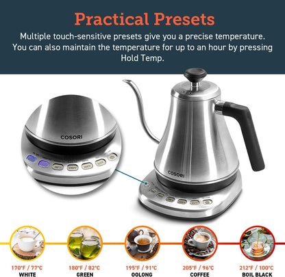 Cosori Electric Gooseneck Kettle Smart Bluetooth with Variable Temperature Control, Pour Over Coffee & Tea, 100% Stainless Steel Inner Lid & Bottom, Quick Heating, Matte Black
