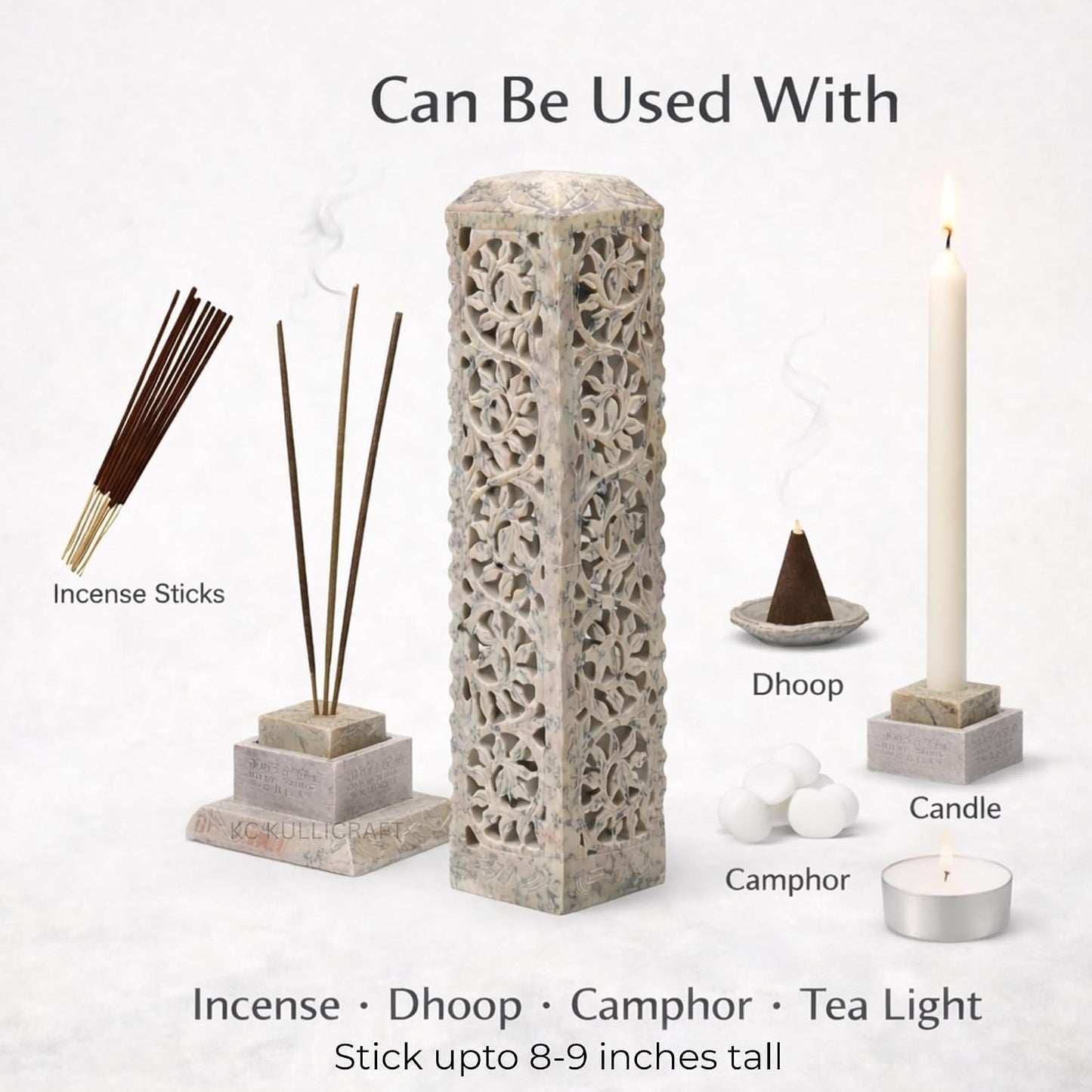 Carry Me Handmade Marble Soapstone Incense Stick Burner | Candle Stick Holder, Tea Light Stand, 3 x 3 x 11 Inches, Decorative Home and Kitchen Decor, Perfect for Gifting