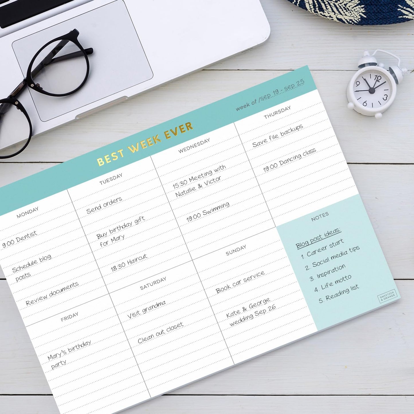 Sweetzer & Orange Weekly To Do List Pad. Gold Foil 7 days Planner with Daily Roadmap Agenda Squares. 7x10” Day Workbook 2026 - Student Blueprint, Work Manual, and Checklist Note Pad